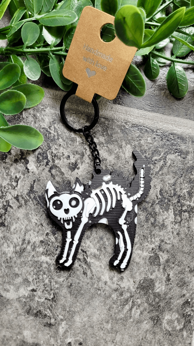 Black & White Glitter Skeleton Cat Keychain - Hellcat Keyring (1)
