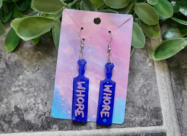 Earrings | WHORE Blue Glitter Paddle Earrings | Stainless Steel Hooks
