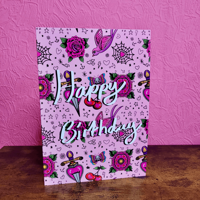 Pink Tattoo Flash Birthday – A5 Greetings Card