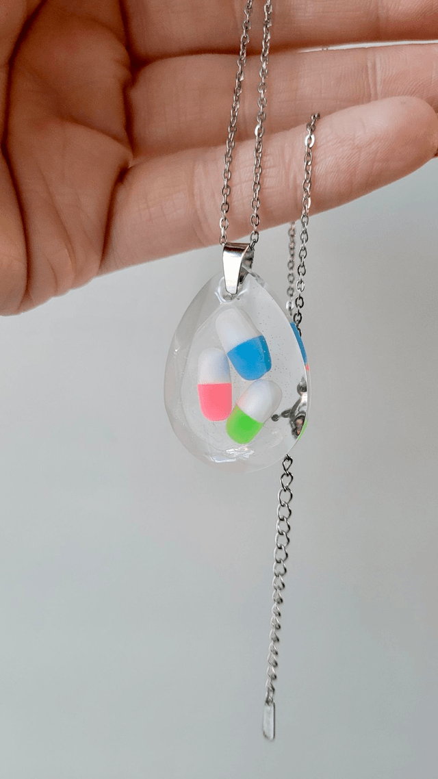 Clear Pill Necklace - Stainless Steel Extender Chain 40cm + 5cm