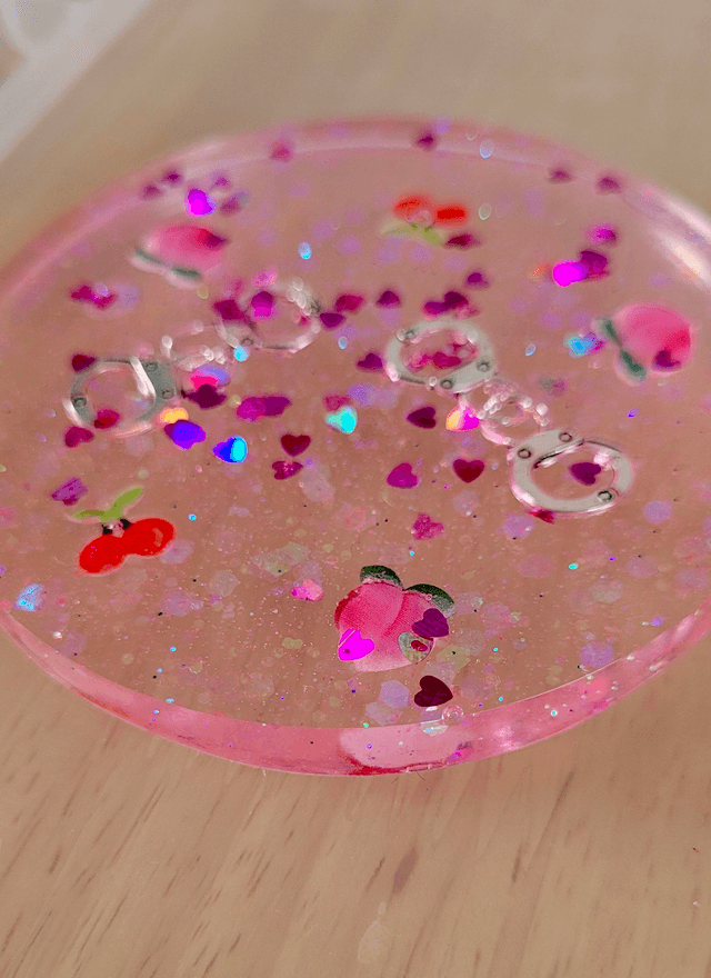 Coaster -Pink Glitter - Peaches, Cherries & Handcuffs