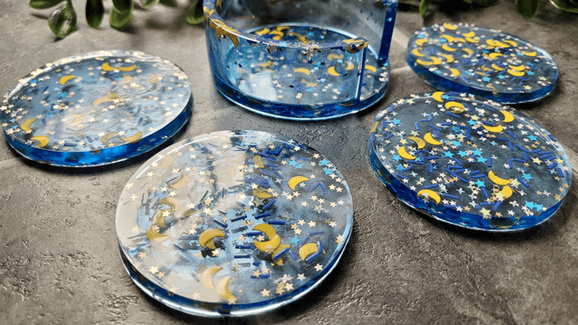 Coasters Set of 4 with Holder - Blue Moon & Star Glitter