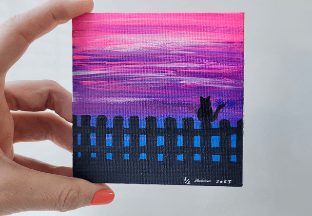 Original Mini Canvas Painting – Sunset Cat on Fence