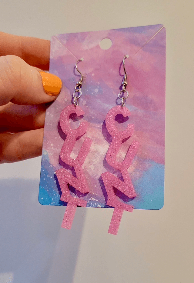 Earrings- Light Pink Glitter CUNT Swear Earrings | Stainless Steel Shepherd Hooks