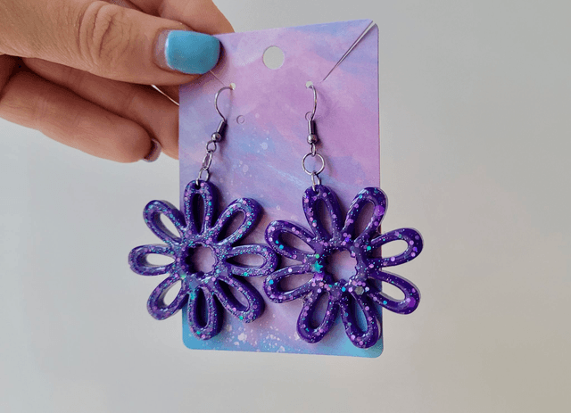 Earrings | Purple Glitter Flowers | Stainless Steel Shepherd Hooks