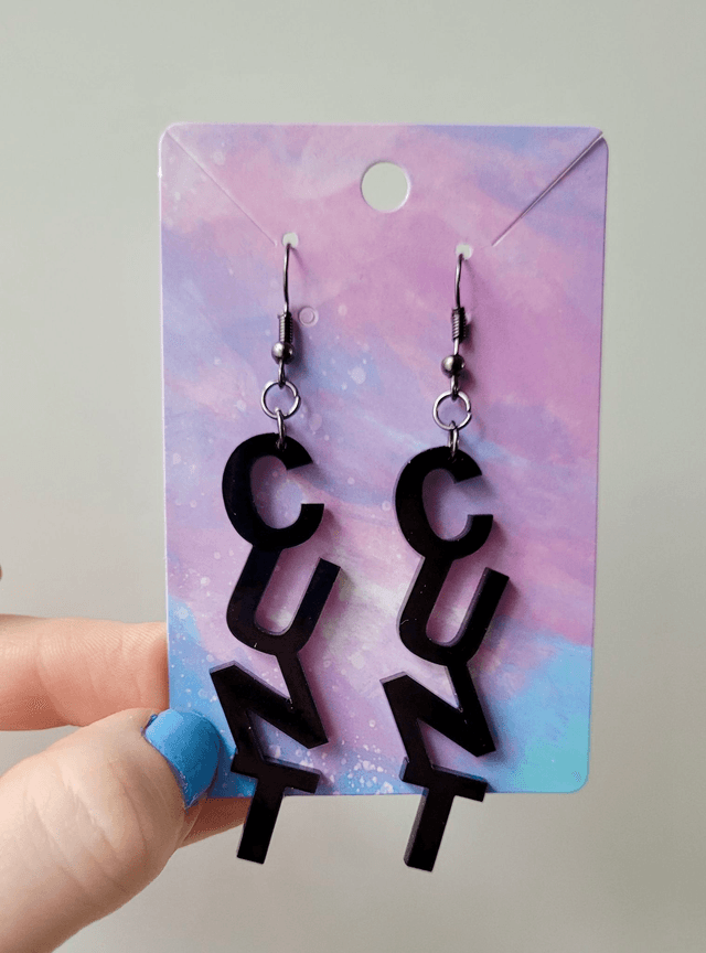 Earrings- Black CUNT Swear Earrings | Stainless Steel Gunmetal Hooks