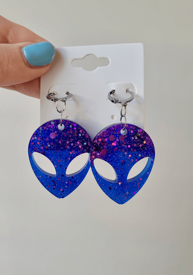Earrings | Purple - Blue Glitter Alien Head | Stainless Steel Hoops