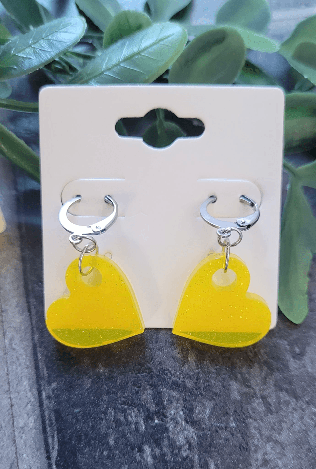 Earrings | Zesty Lemon Yellow Glitter Hearts | Stainless Steel Hoops