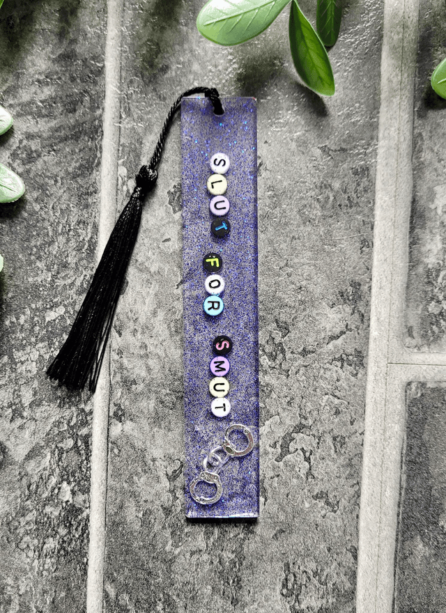 Slut for Smut Blue Glitter & Handcuff Bookmark