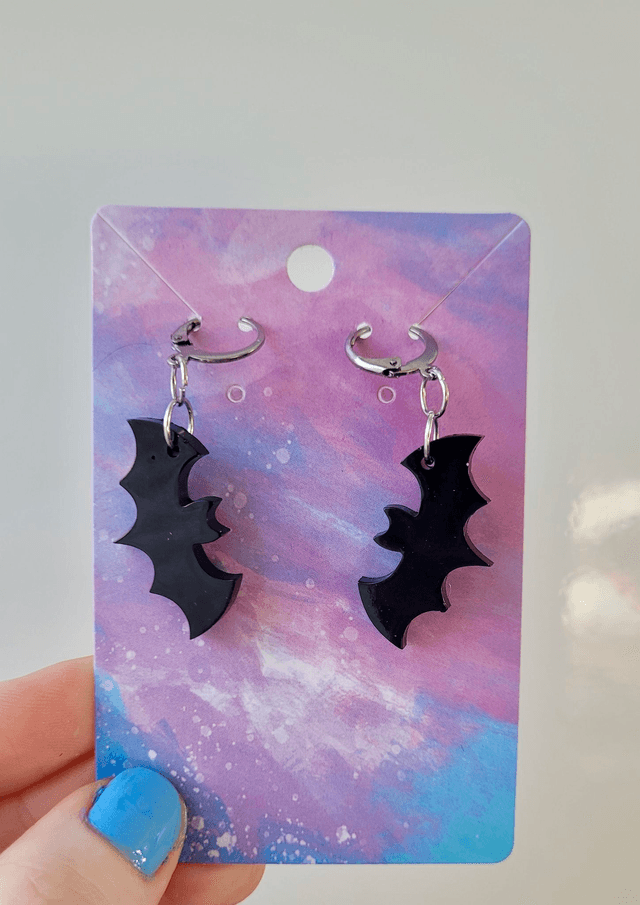 Earrings | Glossy Black Bats - Various Designs | Stainless Steel Hoops