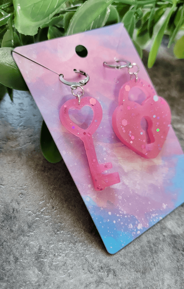 Earrings | Pink Glitter Heart Lock and Key | Stainless Steel Hoops