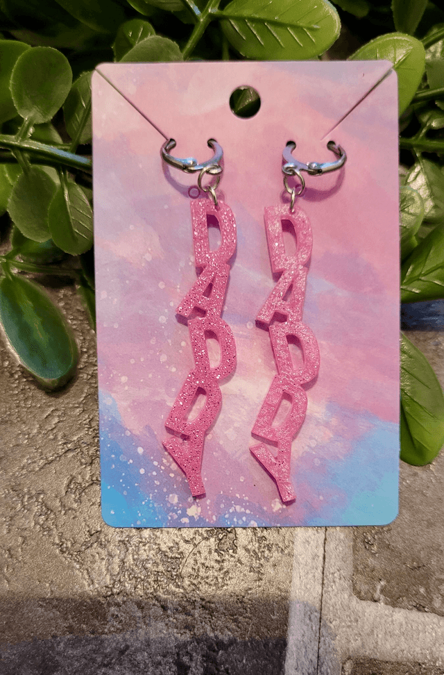 Earrings | DADDY - Light Pink Glitter | Stainless Steel Lever back Hoops
