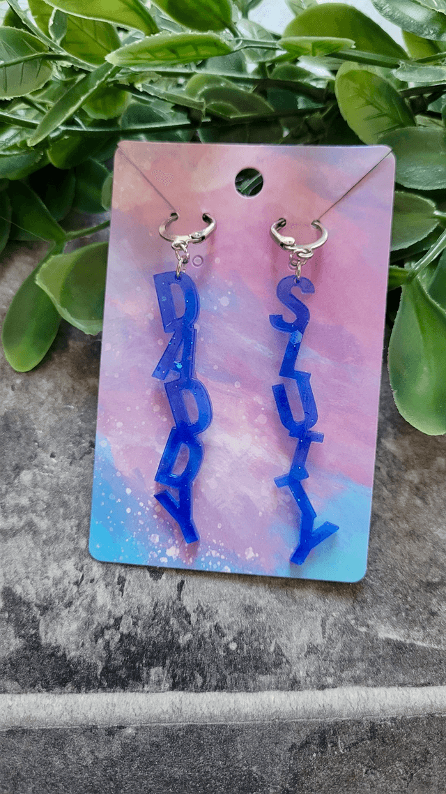 Earrings- DADDY / SLUTTY Blue Glitter Earrings | Stainless Steel Lever back Hoops