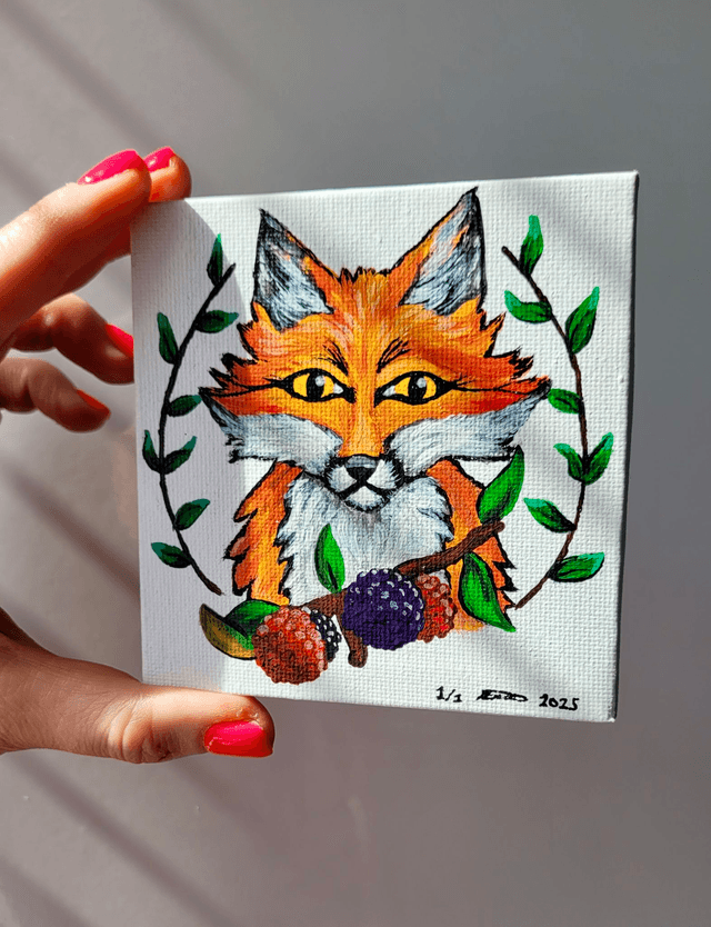 Original Mini Canvas Painting – Fox, Berries and Brambles
