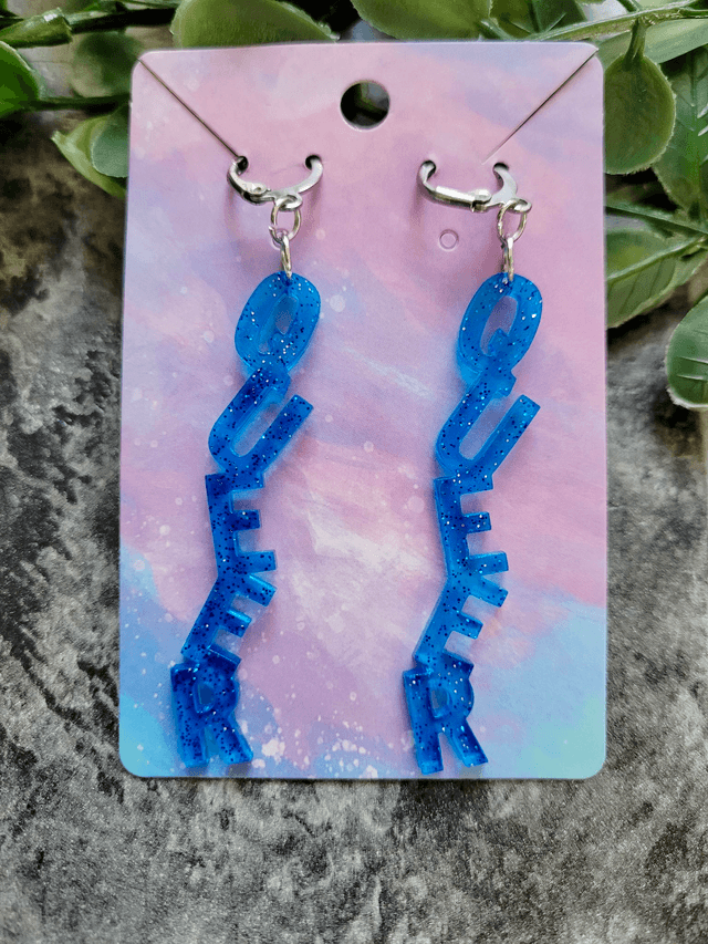 Earrings- Blue Glitter QUEER Earrings | Stainless Steel Leverback Hoops