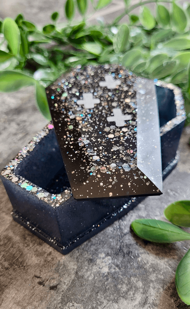 Grey-Black Coffin Trinket Box with Silver Holographic Glitter. Bottom only - no lid