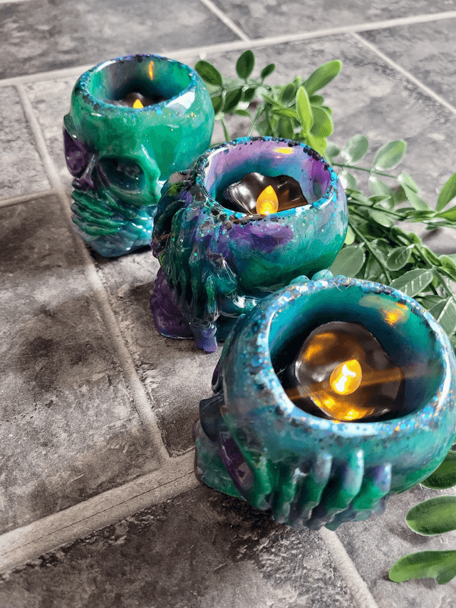 See No Evil, Hear No Evil, Speak No Evil - Set of 3 Skull Tea Light Candle Holders | Purple & Green Glitter