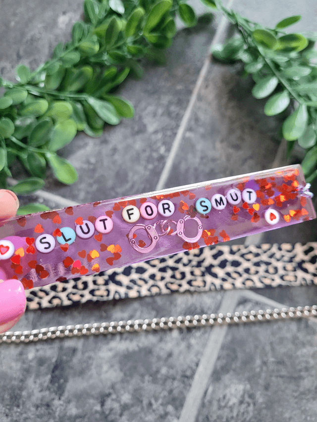 Slut for Smut Heart Glitter & Handcuff Bookmark