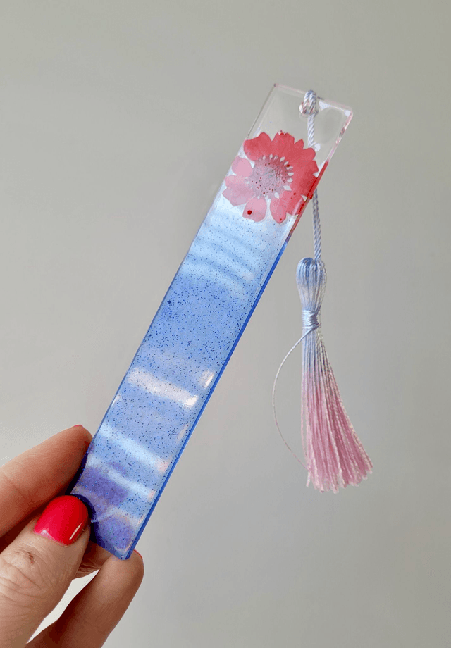 Blue Glitter Floral Bookmark - Dried Flowers