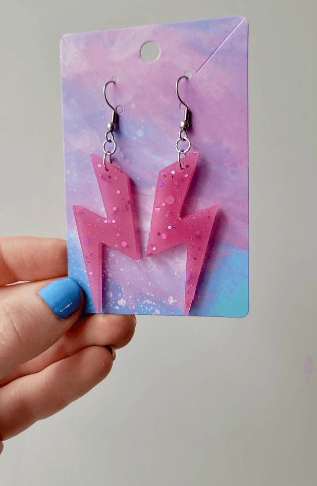 Earrings - Pink Sparkle Lightning Bolt Earrings | Stainless Steel Shepherd Hooks