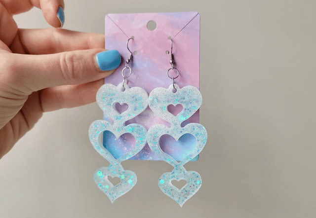 Earrings | Blue-White Glitter Triple Heart Drop | Stainless Steel Hooks