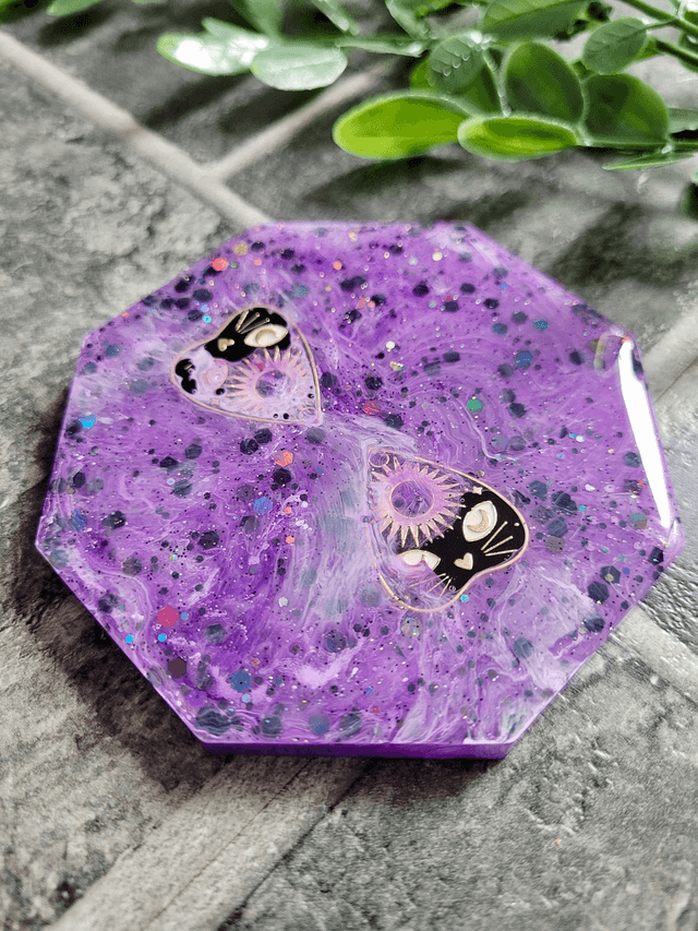 Coaster - Witchy Cat Planchette Purple Glitter Hexagon Coaster