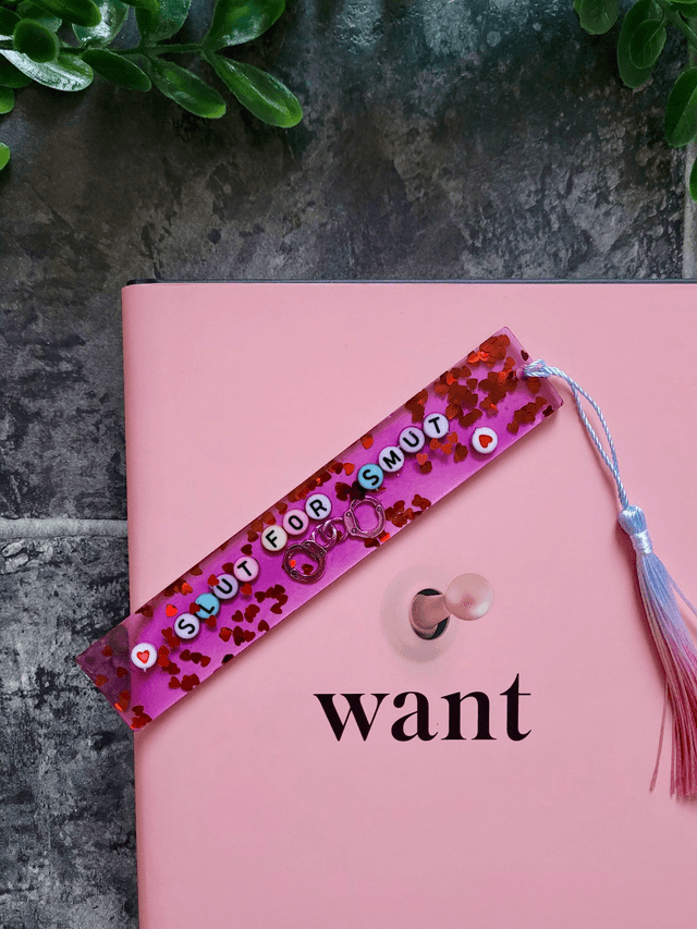 Slut for Smut Heart Glitter & Handcuff Bookmark