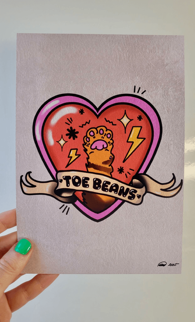 ‘Toe Beans’ A5 Art Print - Tattoo-Inspired Cat Paw in Heart & Scroll Design