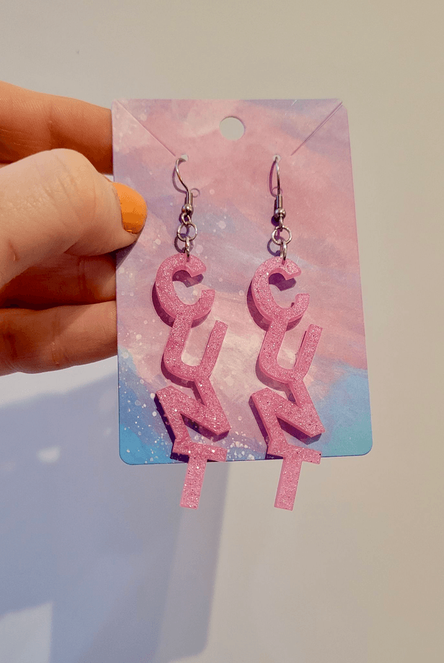 Earrings- Light Pink Glitter CUNT Swear Earrings | Stainless Steel Shepherd Hooks