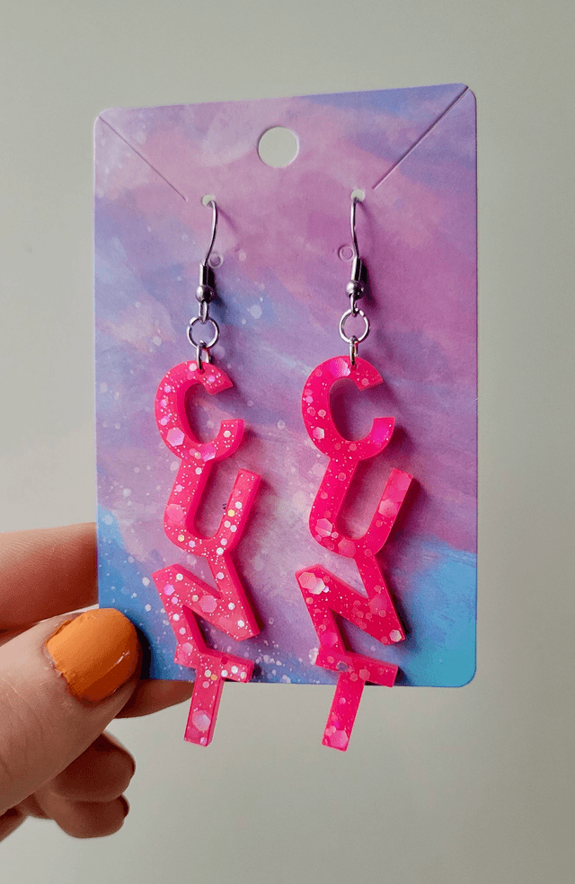 Earrings- Hot Pink Glitter CUNT Swear Earrings | Stainless Steel Shepherd Hooks
