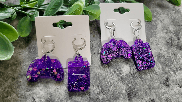 Earrings | Stainless Steel Hoops - Gameboy & Controller | Game Console | Purple Glitter