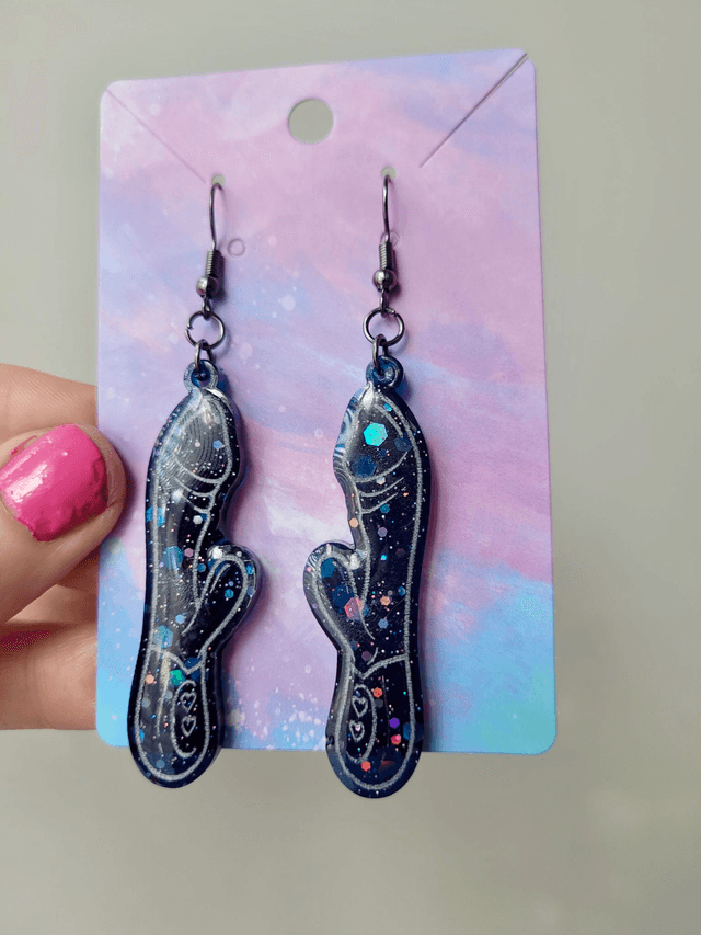 Earrings | Midnight Navy Blue Black Glitter Rabbit Vibrator Earrings | Stainless Steel Hooks