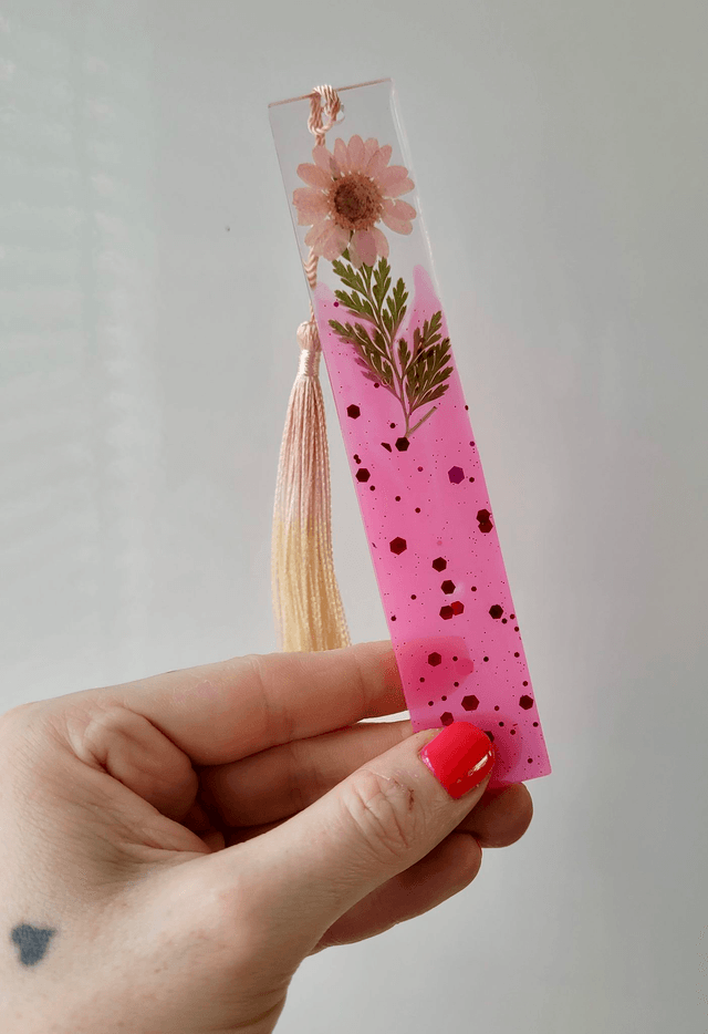 Bold Pink Glitter Floral Bookmark - Dried Pink Flower and Leaf