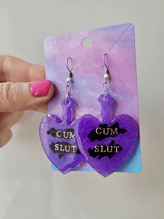 Earrings | CUM SLUT Heart Purple Glitter Paddle Earrings | Stainless Steel Hooks