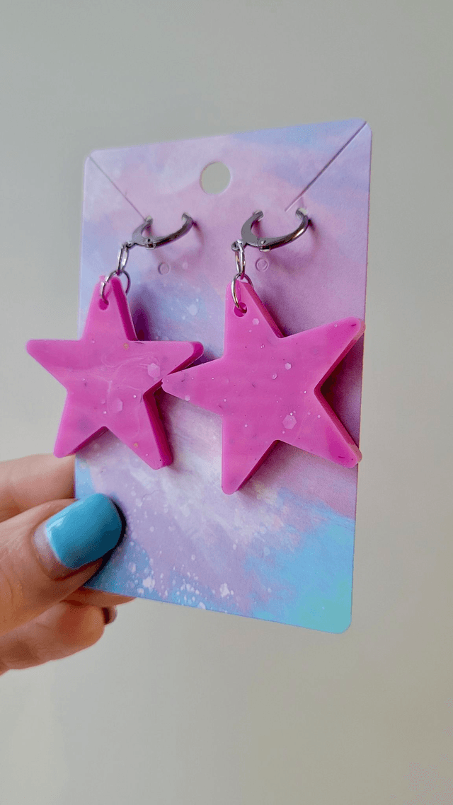 Earrings | Pink Glitter and Swirls Stars | Stainless Steel Hoops