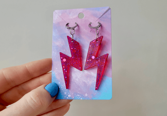 Earrings - Pink-Red Glitter Lightning Bolt Earrings | Stainless Steel Lever Back Hoops