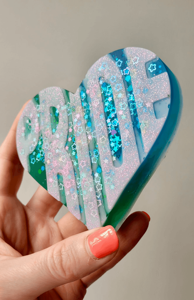 PRIDE Heart -  White Lettering & Stars, Green & Blue Heart