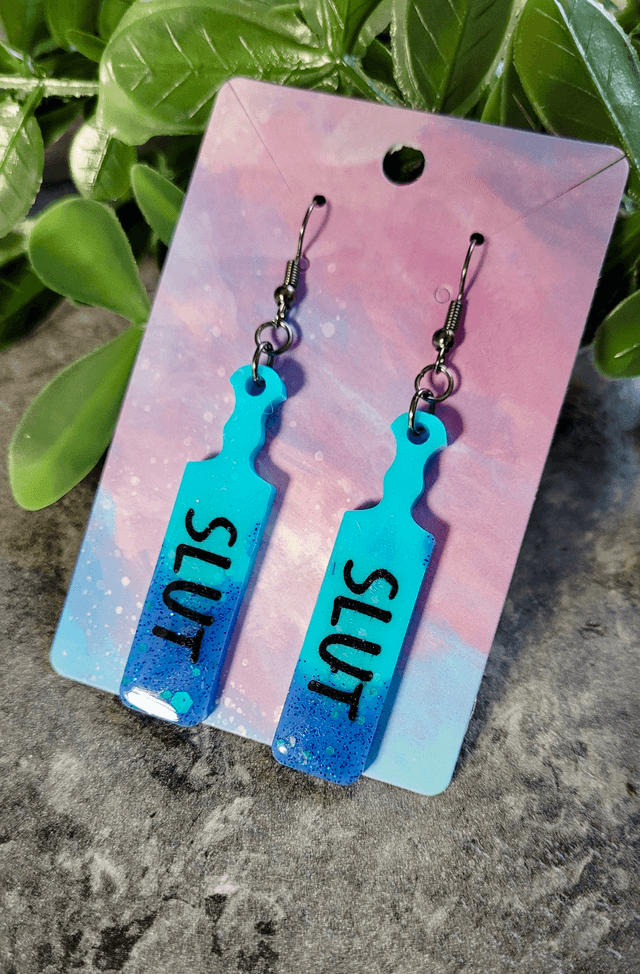 Earrings | SLUT Blue Glitter Dipped Paddle Earrings | Stainless Steel Gunmetal Hooks