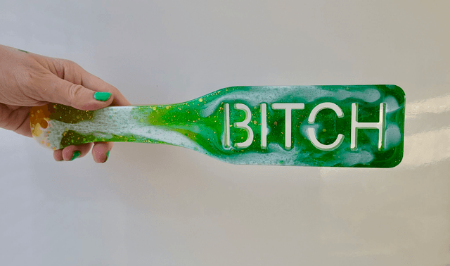 Handmade Resin Paddle – BITCH – Green & Yellow Swirl 