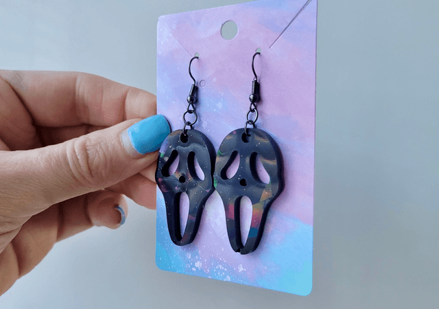 Earrings | Ghostface Scream Earrings - Black Holographic | Stainless Steel Hooks - Gunmetal Black
