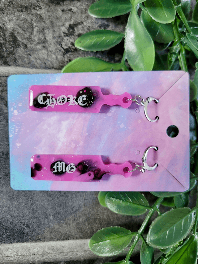 Earrings | Pink and Black Glitter Swirl Paddle Earings with the words Choke Me | Stainless Steel Leverback Hoops