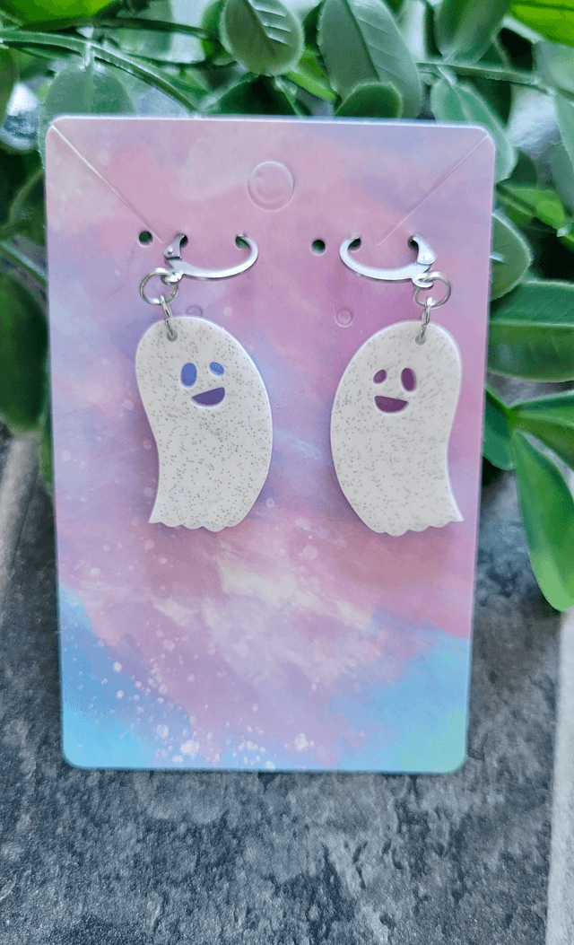 Earrings | Happy Ghost White & Silver Glitter | Stainless Steel Hooks or Hoops