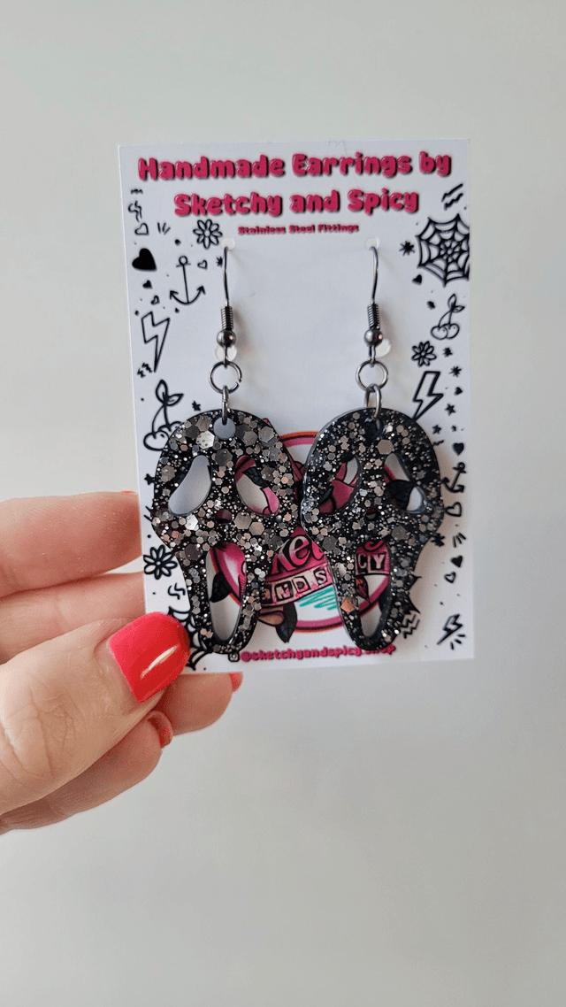 Ghostface Earrings - Black and Silver Glitter | Scream Horror | Stainless Steel Hooks