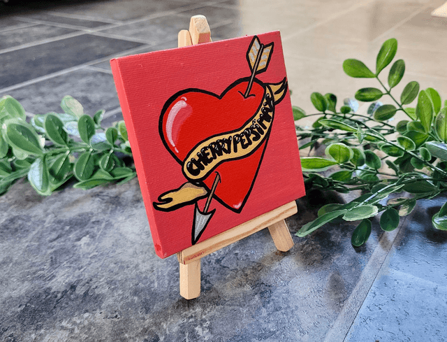 Original Mini Canvas Painting – Cherry Pepsi Max Tattoo Heart & Arrow with Scroll