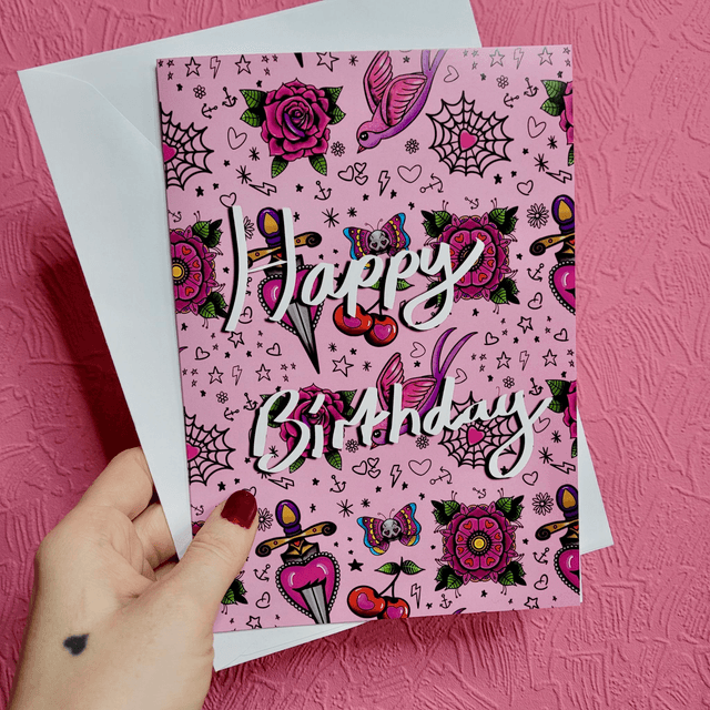 Pink Tattoo Flash Birthday – A5 Greetings Card