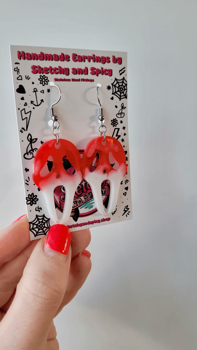 Earrings | Flat Holographic Bloody Ghostface Scream Earrings - White Bloody | Stainless Steel Hooks