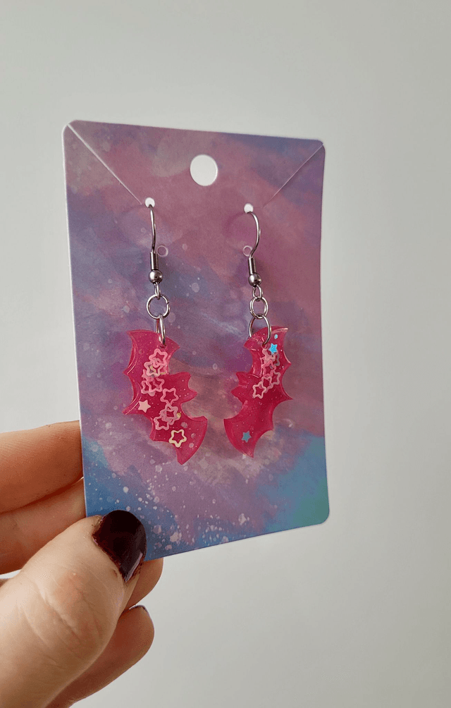 Earrings | Pink Star Glitter Bats | Stainless Steel Shepherd Hooks