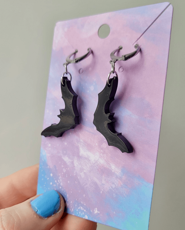 Earrings | Glossy Black Bats - Various Designs | Stainless Steel Hoops