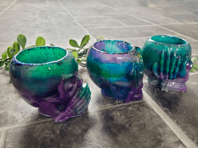 See No Evil, Hear No Evil, Speak No Evil - Set of 3 Skull Tea Light Candle Holders | Purple & Green Glitter
