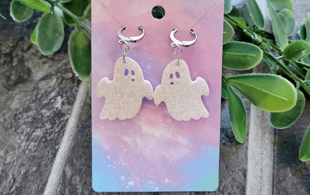 Earrings | White with Silver Glitter Ghost Earrings | Stainless Steel Hooks or Hoops